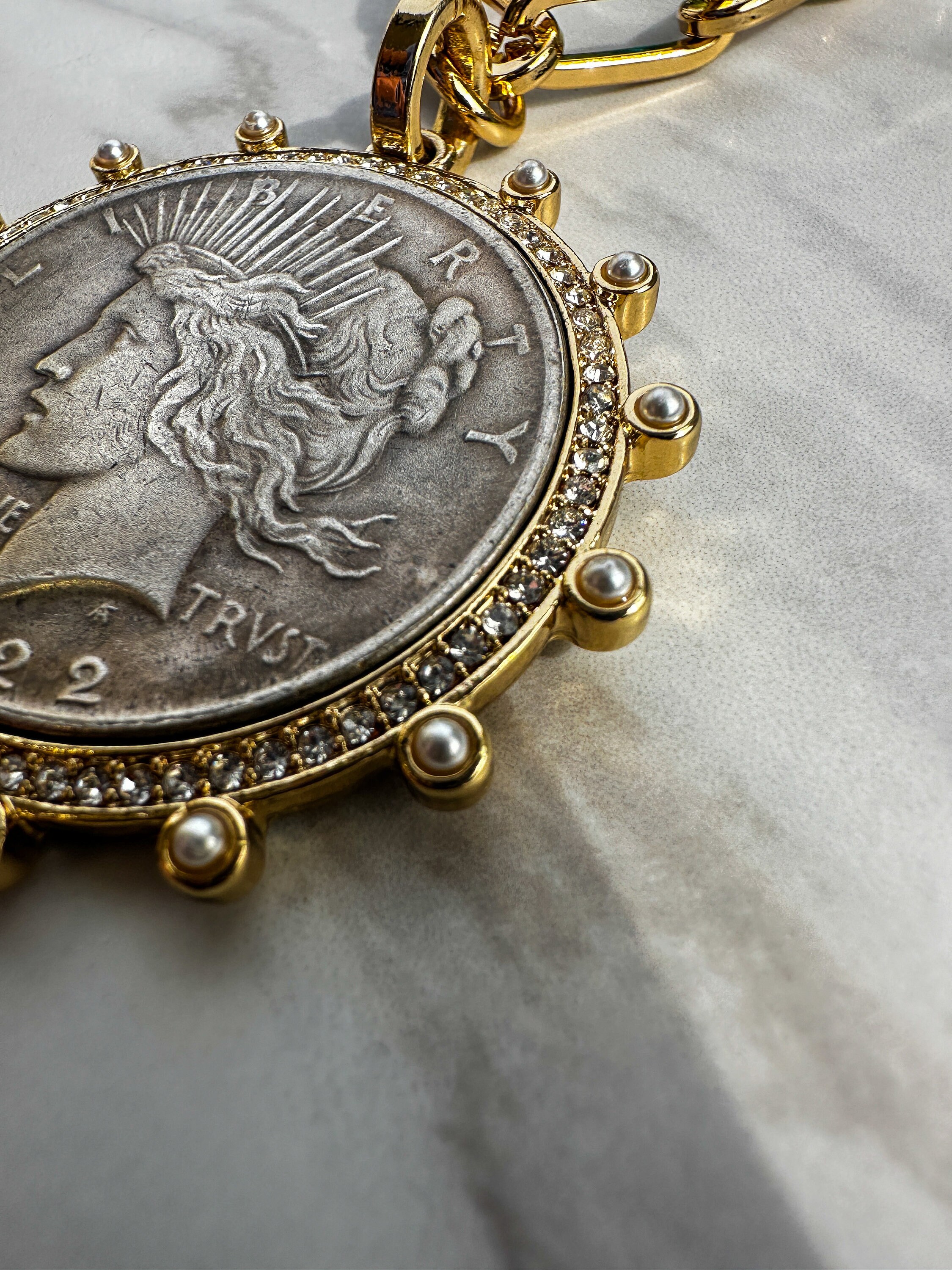 Embellished Peace Dollar Coin Necklace - Lady Liberty Pendant Jewelry - Thumbnail 6