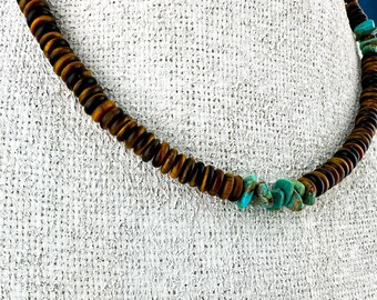 Boho Heishi Choker met tijgeroog en turquoise edelstenen - cadeau voor de Boho Chic