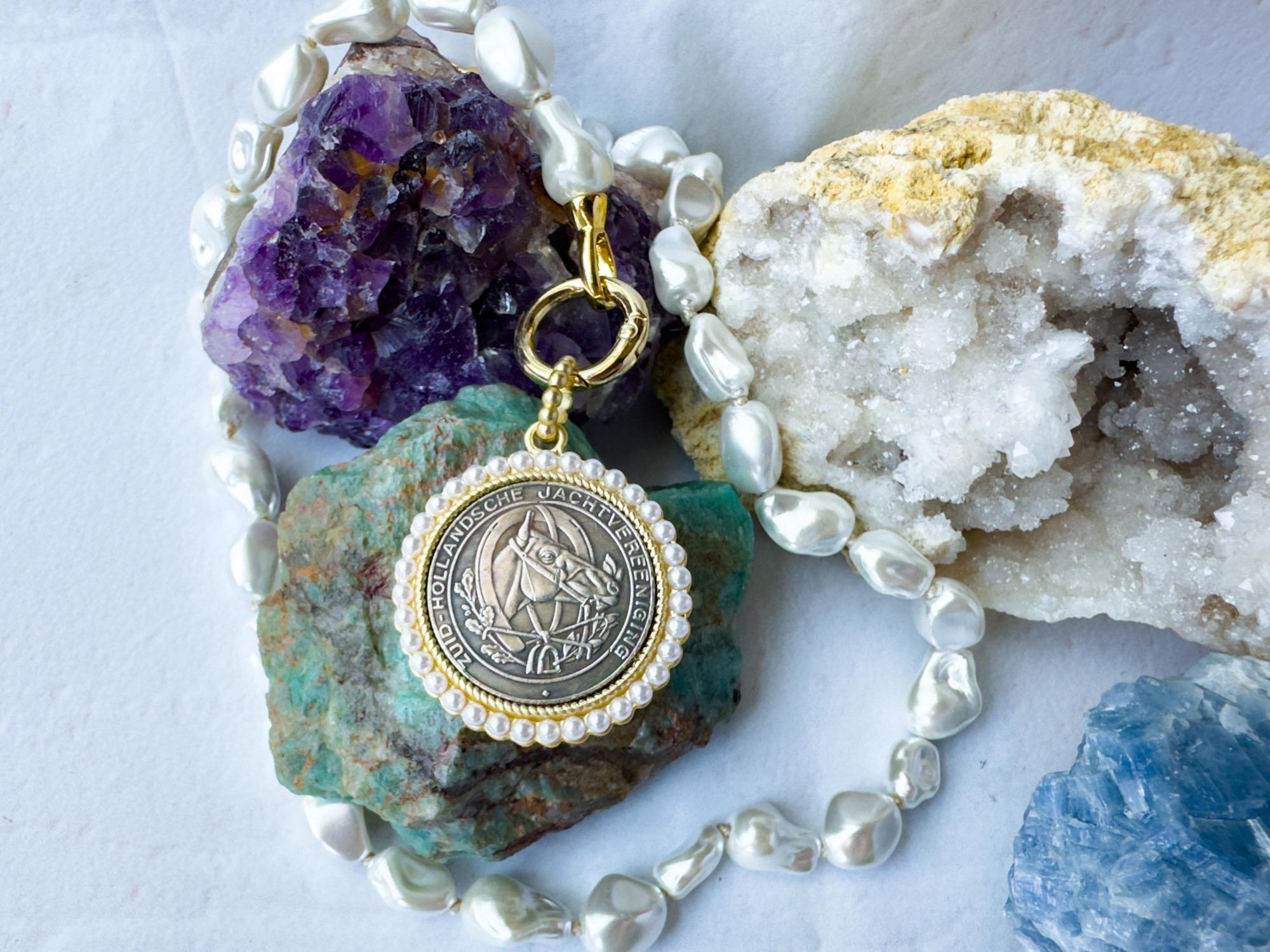 Equestrian Charm: Silver Horse Coin Pendant with Gold Bezel and Pearls - Chain Selection Available - Thumbnail 6