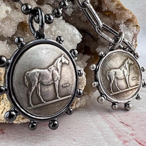 Classic Burnished Silver Horse Coin Necklace - Jewelry for Horse Lovers