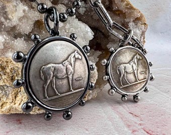 Classic Burnished Silver Horse Coin Necklace - Jewelry for Horse Lovers