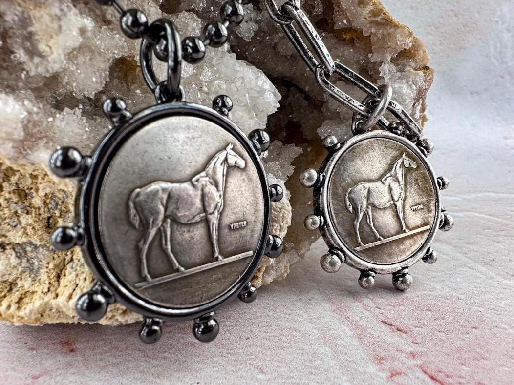 Classic Burnished Silver Horse Coin Necklace - Jewelry for Horse Lovers