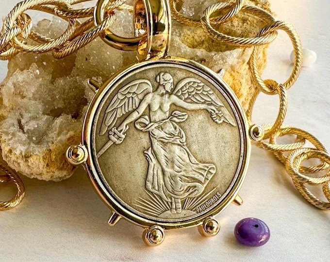 Belgian WWI Victory Medal Reproduction Necklace, Two Tone Winged Victory Medallion