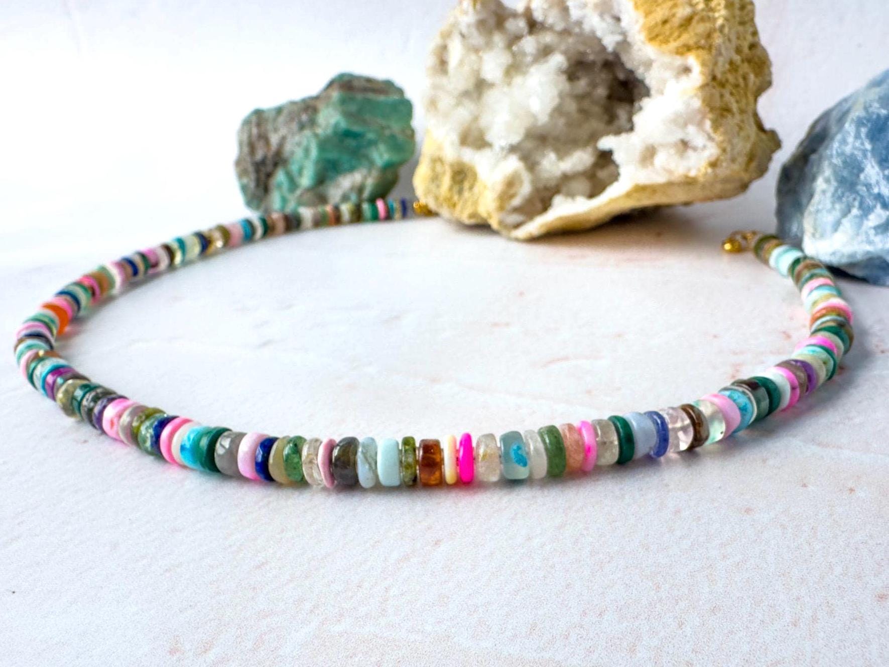 Bright Multi Gemstone Heishi Necklace - Vibrant Boho Layer Jewellery - Thumbnail 5