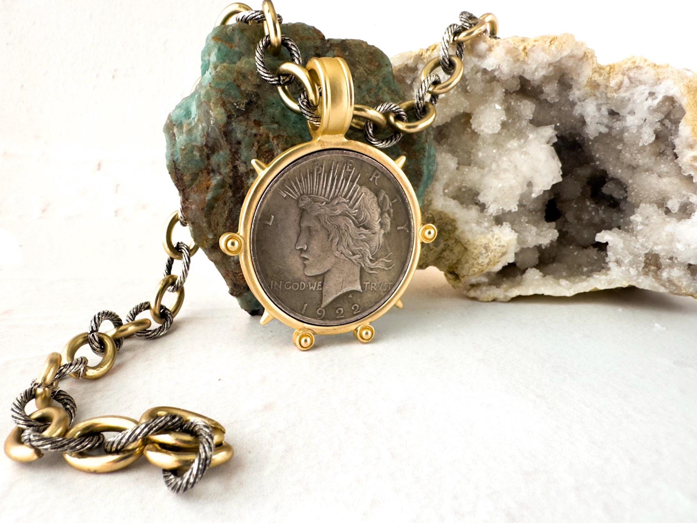 Removable Peace Dollar Coin Pendant Necklace - Lady Liberty Coin Statement Jewelry - Thumbnail 2