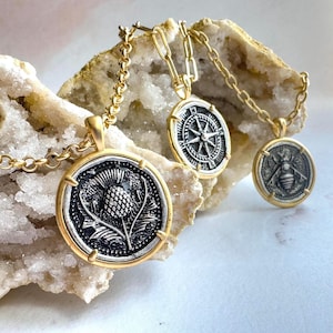 Vintage Gold Pendant Coin Necklace - Bee, Compass and Flower Charm Jewelry