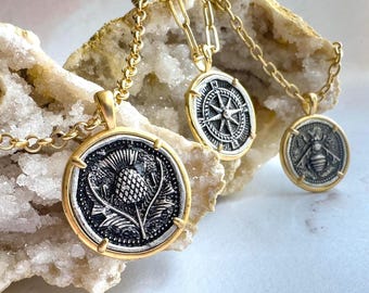 Vintage Gold Pendant Coin Necklace - Bee, Compass and Flower Charm Jewelry