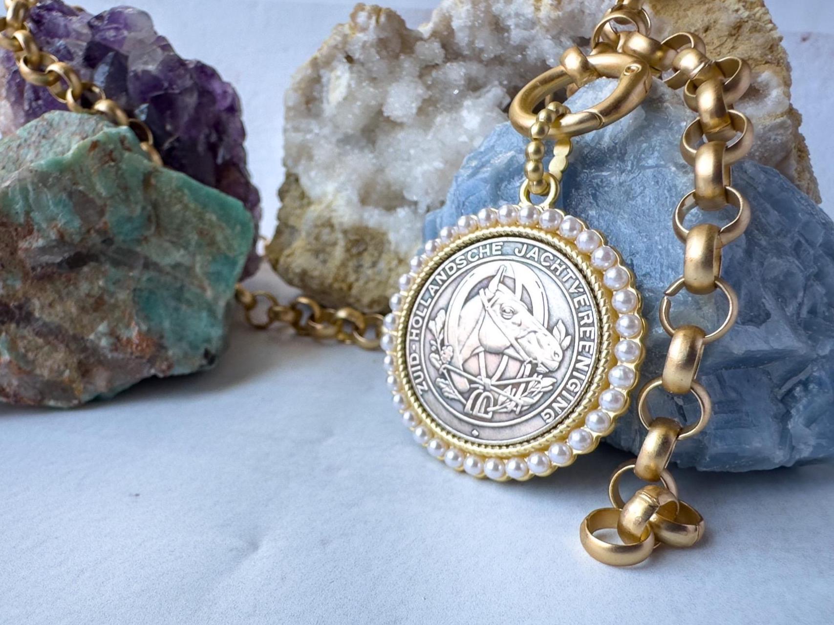 Equestrian Charm: Silver Horse Coin Pendant with Gold Bezel and Pearls - Chain Selection Available - Thumbnail 7