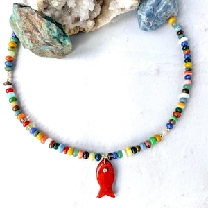 Fish Gemstone Pendant Necklace with Multi-Colored Opals - Boho Style Layer Jewelry