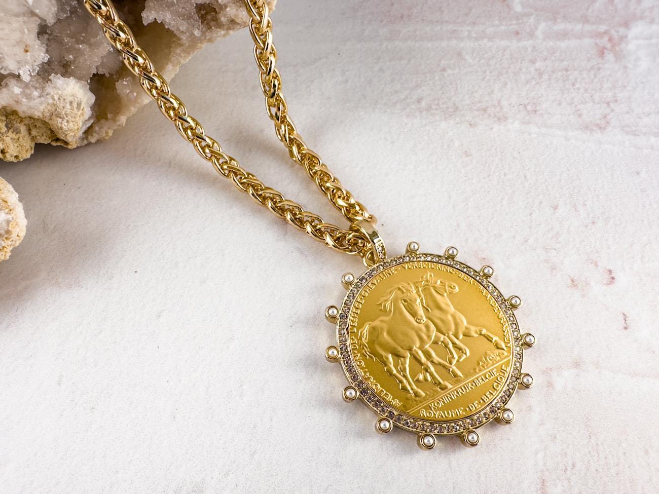 Luxe Gold Horse Coin Statement Necklace - Oversized Equestrian Jewelry - Thumbnail 2