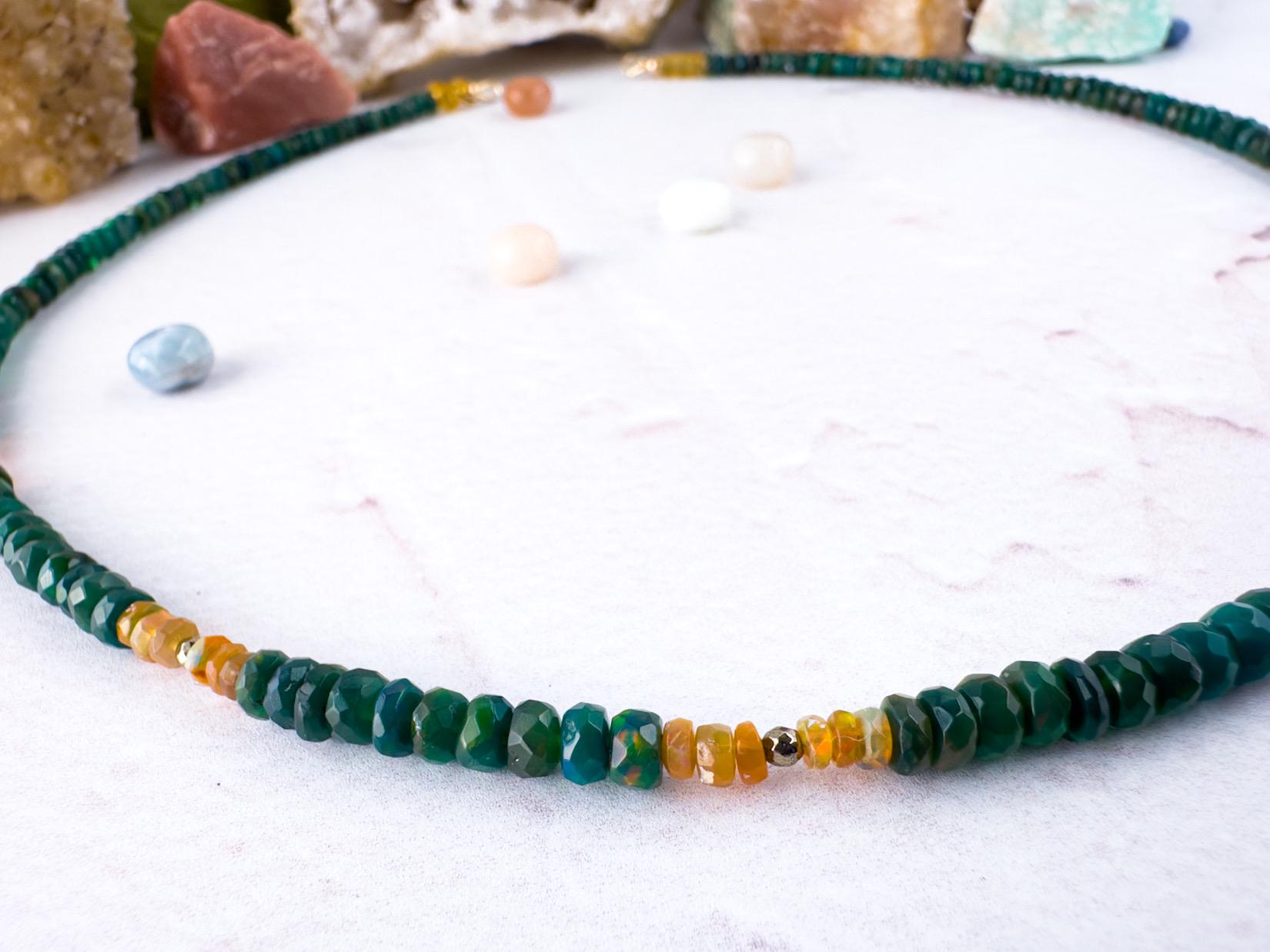 Emerald Green Hand Cut Ethiopian Opal Necklace with Gold Accents - Gift for Wife - Thumbnail 4