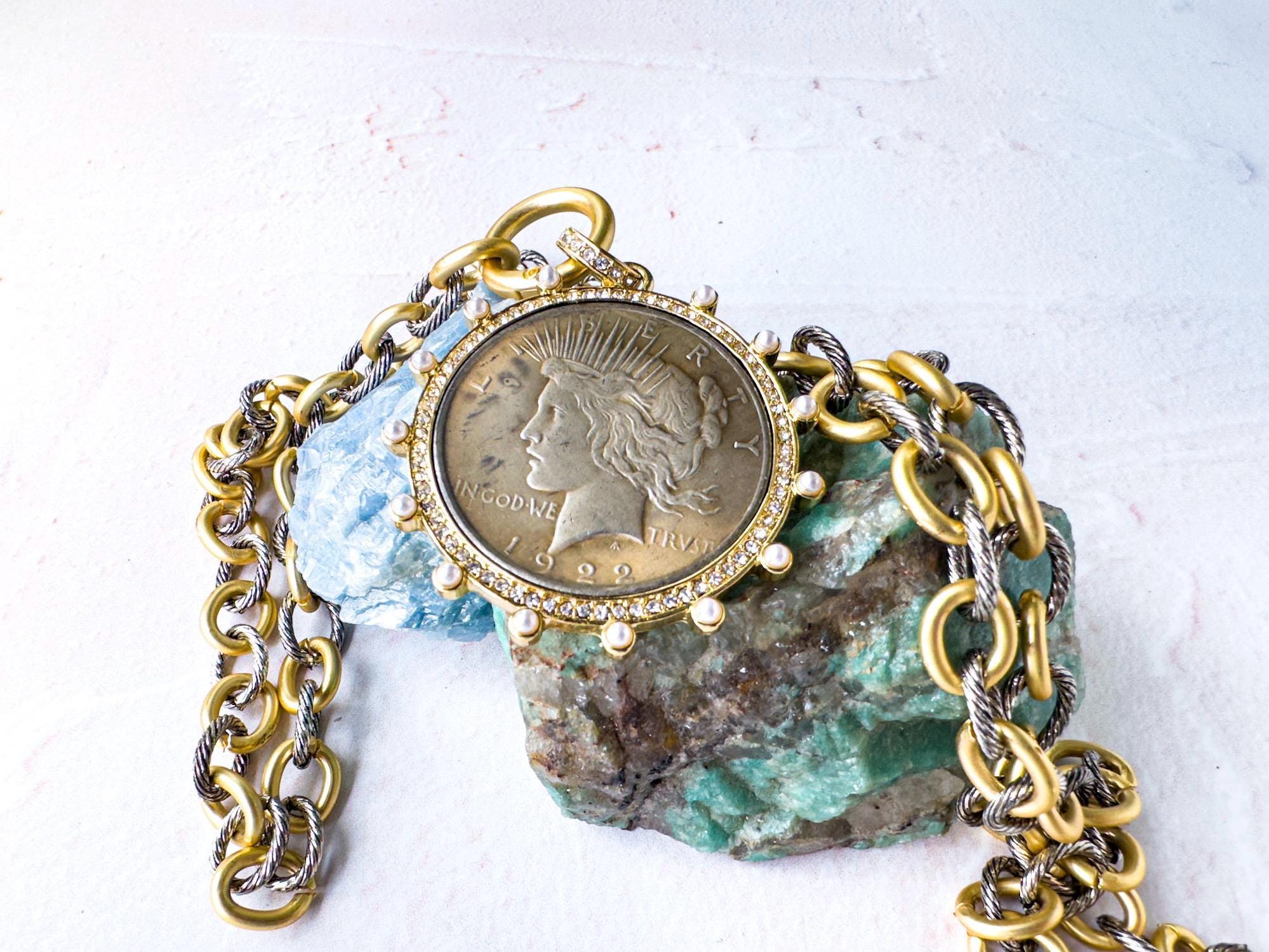 Embellished Peace Dollar Coin Necklace - Lady Liberty Pendant Jewelry - Thumbnail 3