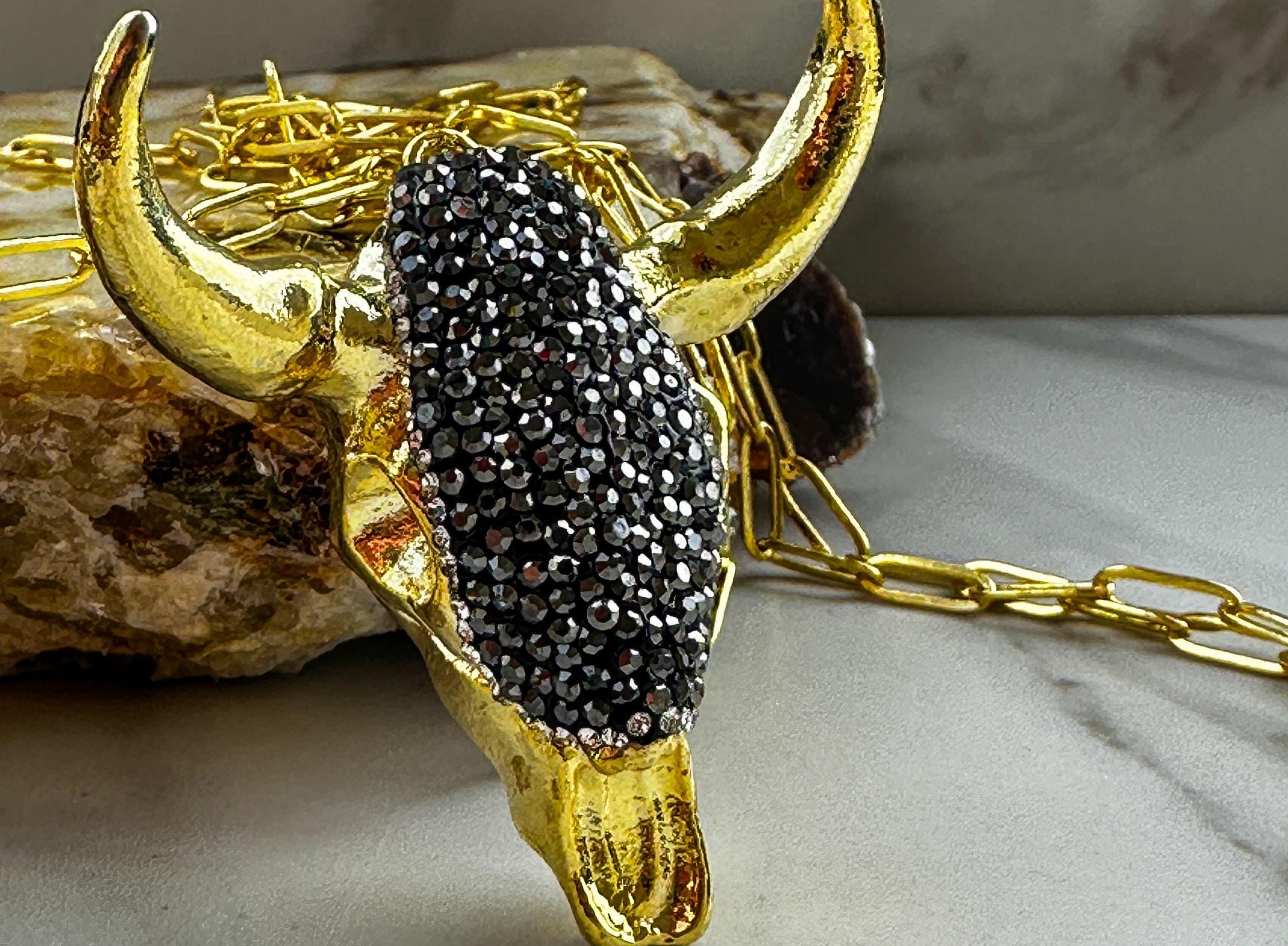 Bohemian Gold Cow Skull Pendant Necklace with Black Gemstones - Thumbnail 3