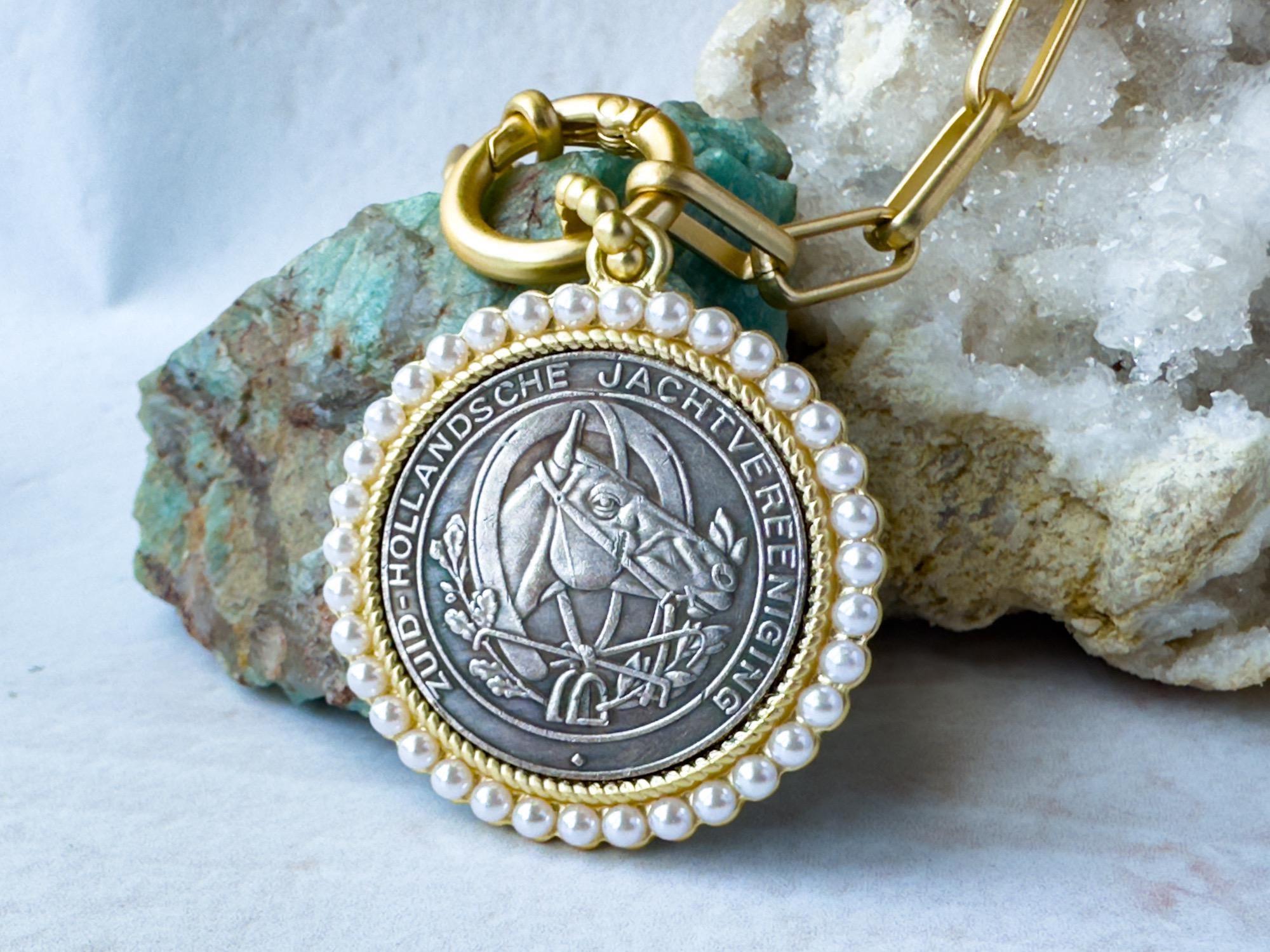 Equestrian Charm: Silver Horse Coin Pendant with Gold Bezel and Pearls - Chain Selection Available - Thumbnail 2