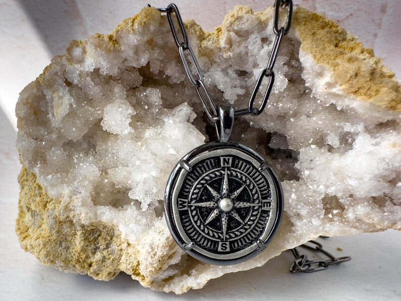 Vintage Gunmetal and Silver Coin Necklace Ancient Greek Bee, Compass