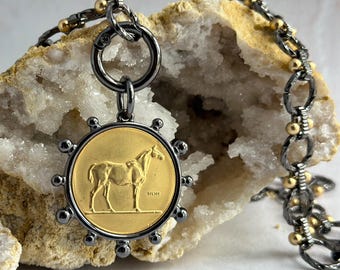 Gold Horse Coin Pendant Necklace – Equestrian Jewelry -Two Tone Chain