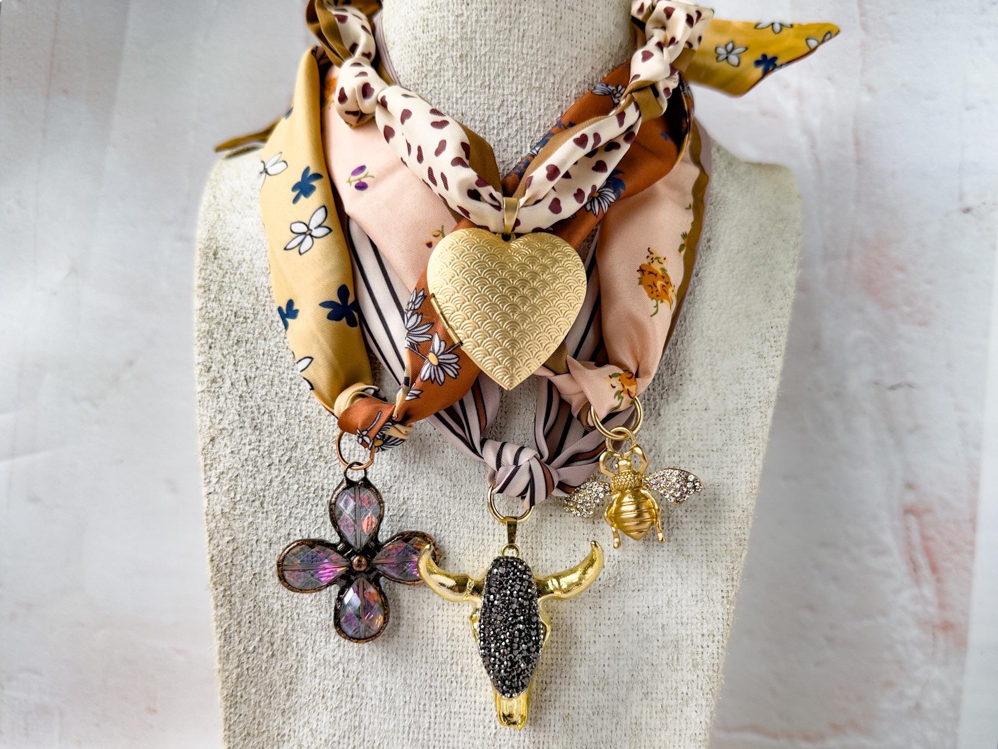 Boho Chic Scarf Necklace with Unique Pendant - Removable Pendant Jewelry