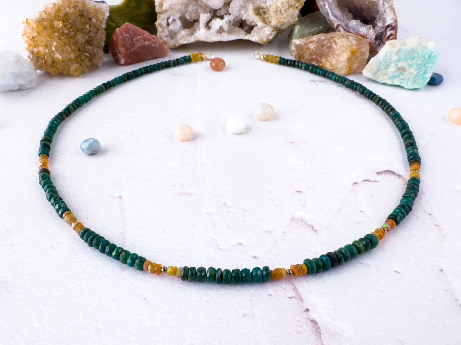 Emerald Green Hand Cut Ethiopian Opal Necklace with Gold Accents - Gift for Wife