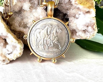 Vintage Belgium Horse Coin Necklace, Matte Gold Bezel, Equestrian Statement Jewelry