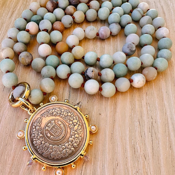 Elegant French Coin on Hand Knotted Gemstone Necklace - Customize with Your Choice of Chains