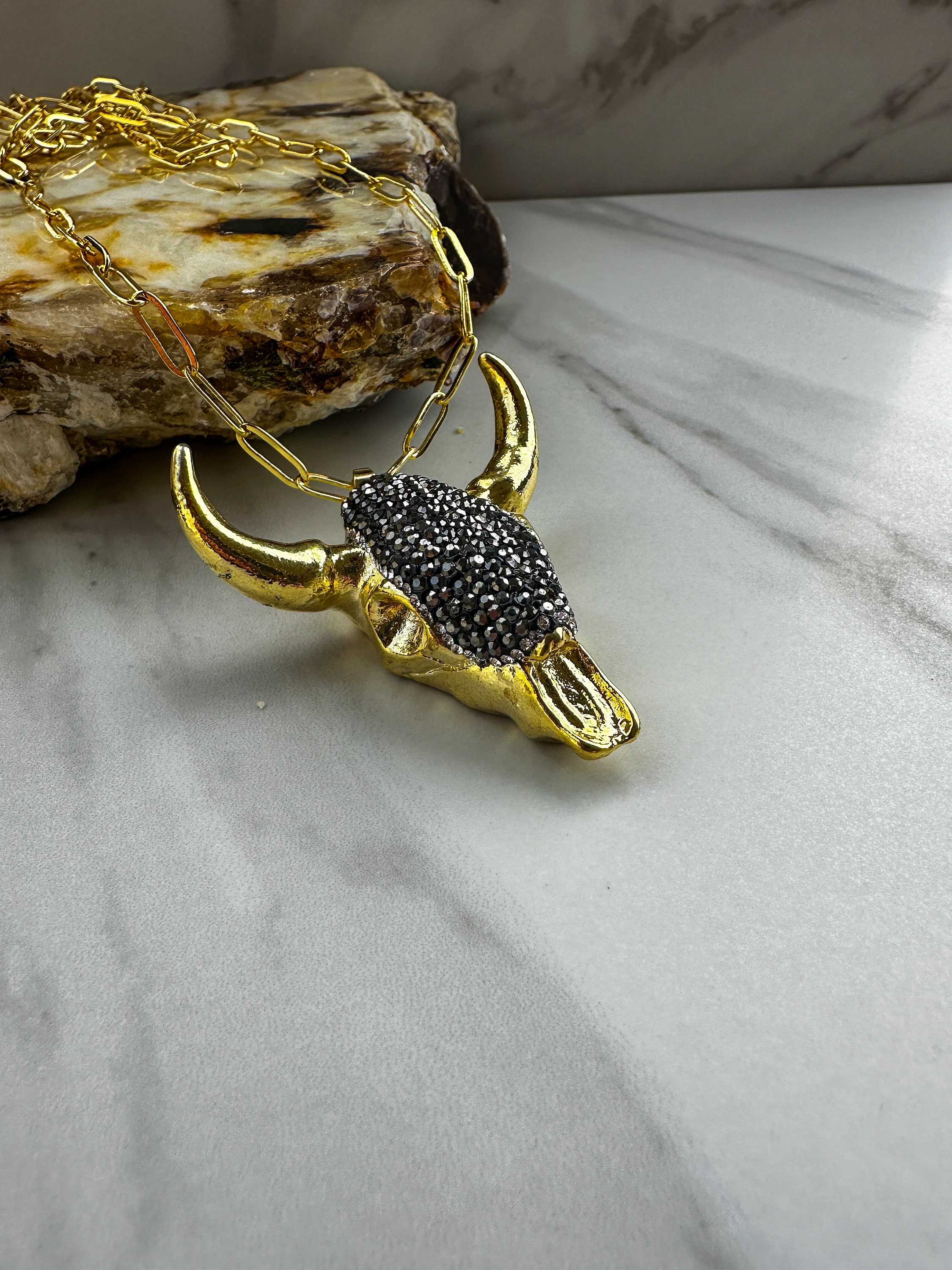 Bohemian Gold Cow Skull Pendant Necklace with Black Gemstones - Thumbnail 7