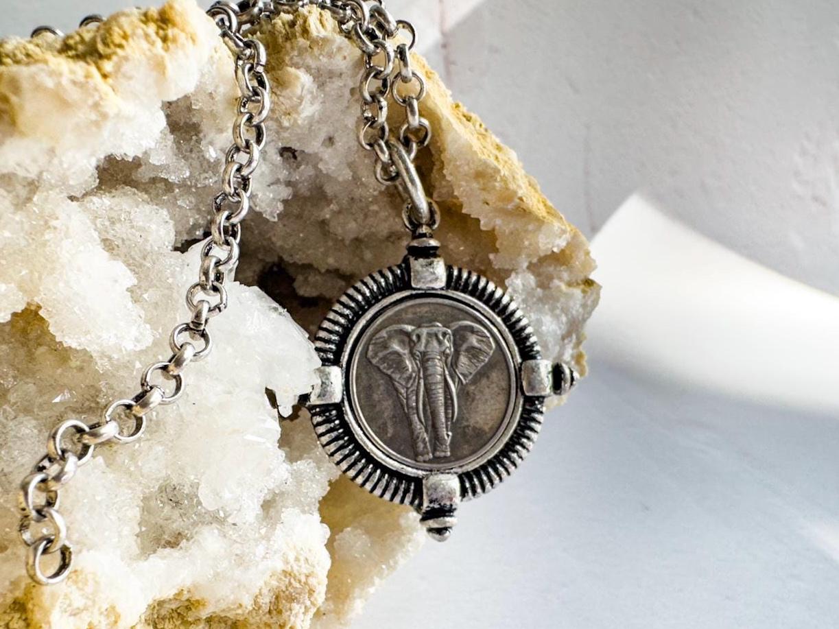 Vintage Inspired Elephant Coin Necklace in Weathered Silver - Gift for the Bohemian