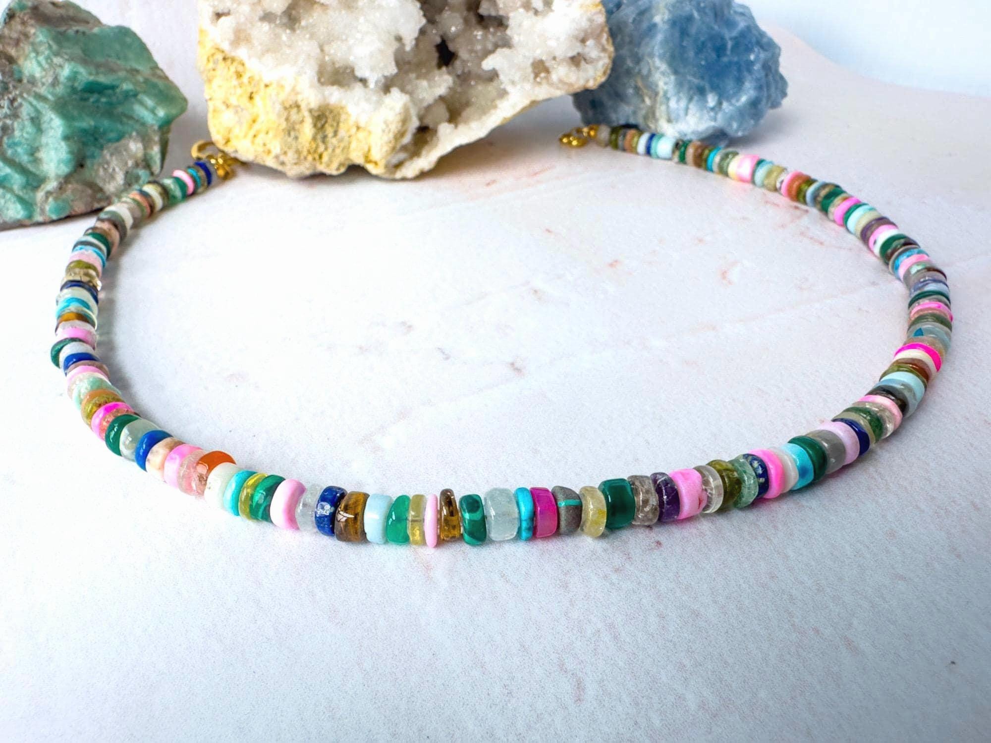 Bright Multi Gemstone Heishi Necklace - Vibrant Boho Layer Jewellery - Thumbnail 6