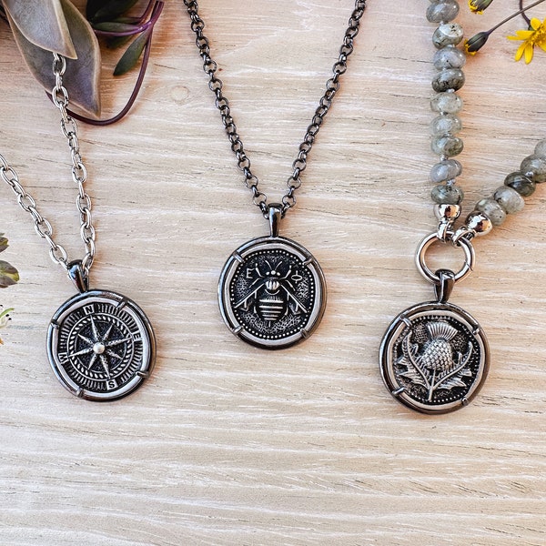 Vintage Silver Coin Necklace - Ancient Greek Bee, Compass and Flower Coin Reproduction Pendant Jewelry - Perfect Gift for The Nature Lover