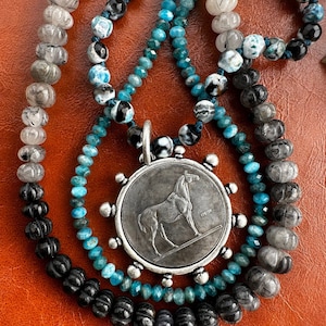 Burnished Silver Horse Coin Gemstone Necklace - Handknotted Agate Boho Chic Jewellery