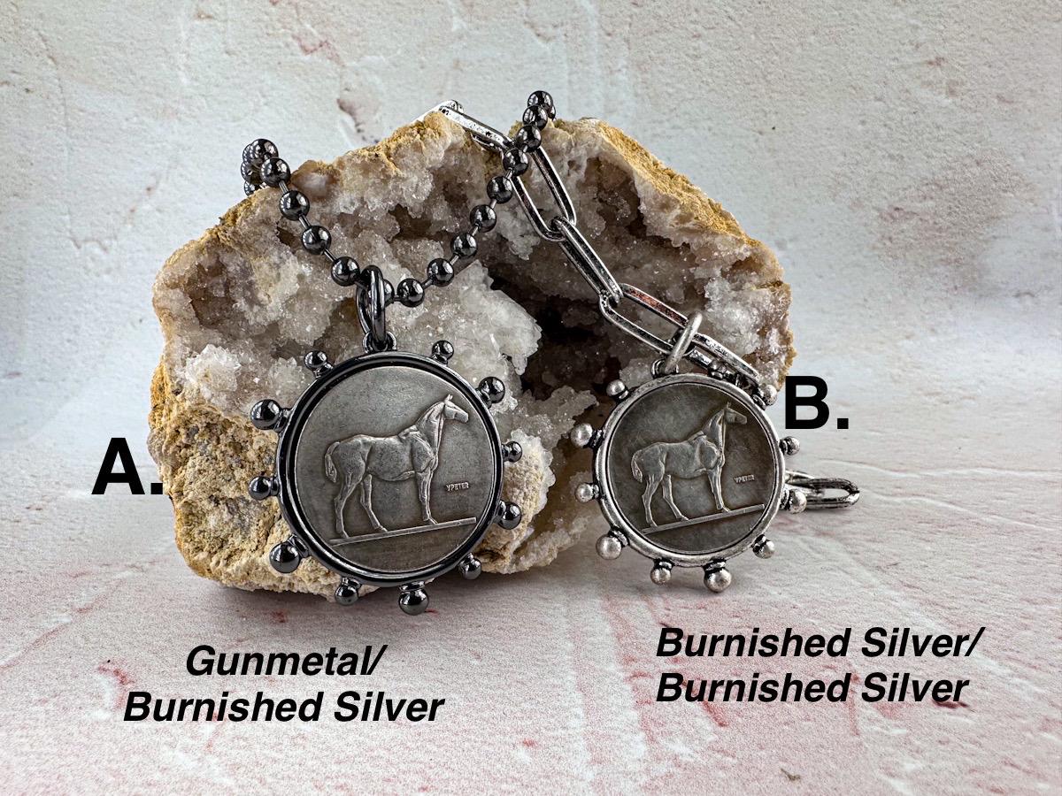 Classic Burnished Silver Horse Coin Necklace - Jewelry for Horse Lovers - Thumbnail 4