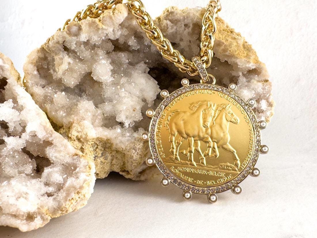 Luxe Gold Horse Coin Statement Necklace - Oversized Equestrian Jewelry - Thumbnail 3