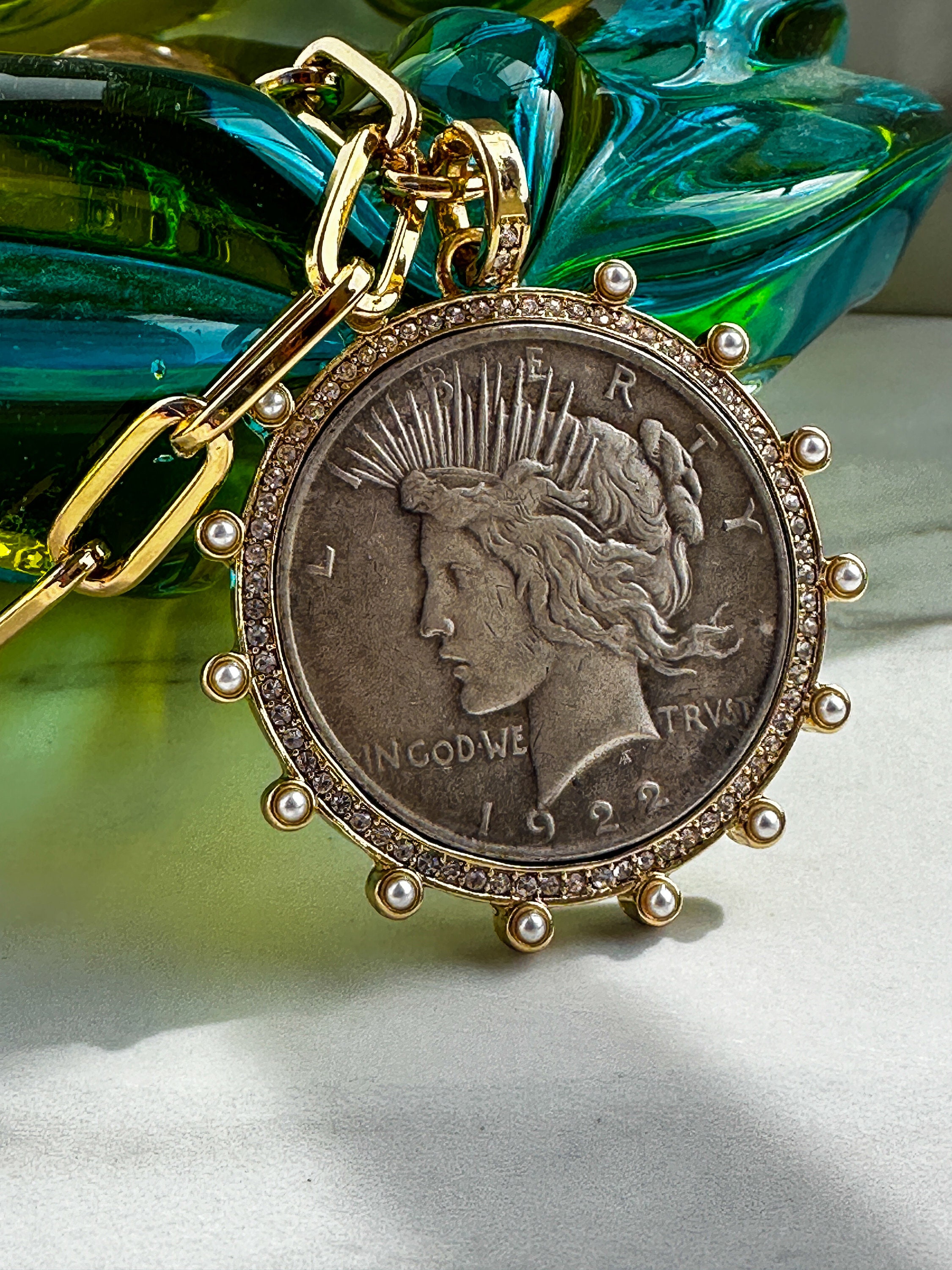 Embellished Peace Dollar Coin Necklace - Lady Liberty Pendant Jewelry - Thumbnail 2