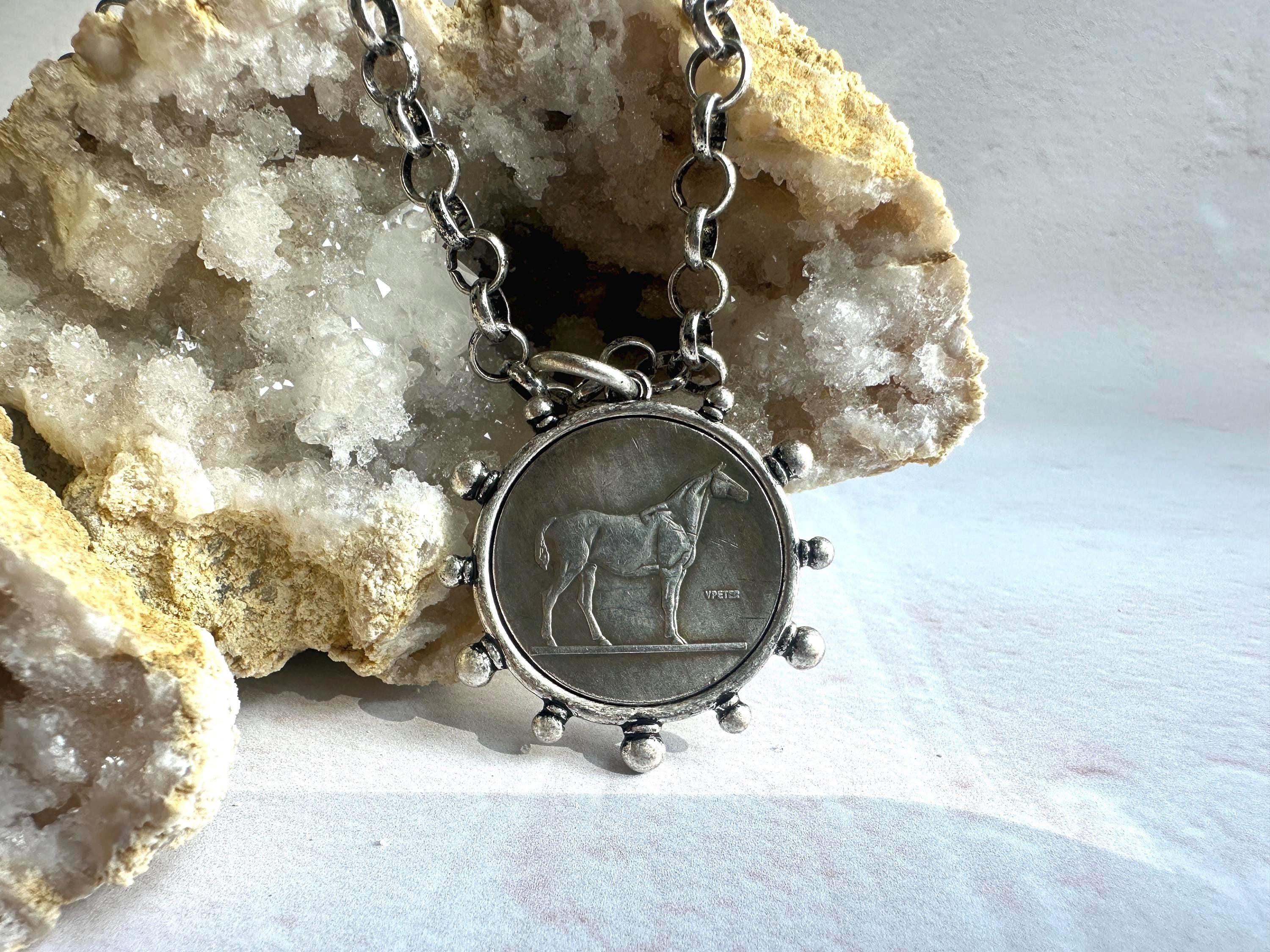 Classic Burnished Silver Horse Coin Necklace - Jewelry for Horse Lovers - Thumbnail 3