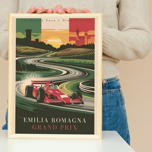 May include: A vintage-style poster with a red race car speeding around a green track. The poster has a sunset background with two castles in the distance. The text on the poster reads "Autodromo Enzo e Dino Ferrari Emilia Romagna Grand Prix".