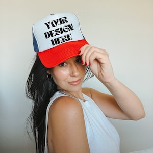 Otto Trucker Hat Mockup | Red and Blue Trucker Hat Photo | Trendy Summer Trucker Hat Photo | Cute Summer Hat Mockup for Women | 4th of July