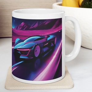 May include: White ceramic mug with a colorful image of a futuristic car driving on a neon road at night. The car is blue and purple with pink and blue lights.