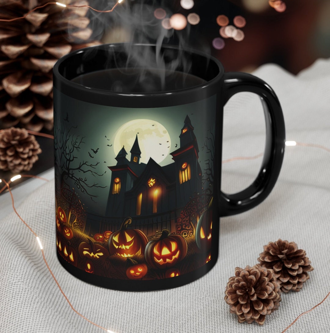 Scary Halloween Mug Spooky Pumpkins Coffee Cup Full Moon Creepy Mansion ...