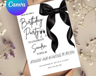 Plantilla de invitación de cumpleaños con lazo negro: elegante invitación para fiesta (descarga digital)
