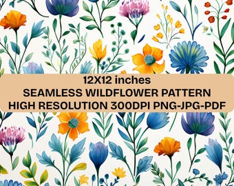 Papel digital con estampado de flores silvestres pastel sin costuras / Floral bohemio (30,5 x 30,5 cm)