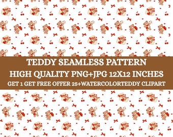 Patrón sin costuras de osito de peluche coqueto / Paquete de imágenes prediseñadas de acuarela (descarga digital)