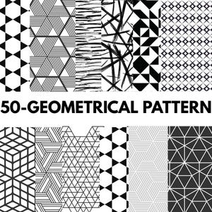 May include: A selection of black and white geometric patterns. The image showcases diverse designs, such as triangles, lines, and abstract forms. The text "50-GEOMETRICAL PATTERN" is clearly visible in the centre of the image.