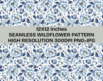 Papel digital con estampado floral azul sin costuras / Papel vintage para álbum de recortes de 30 x 30 cm (PNG JPG)