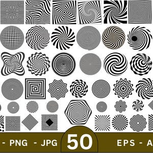 Puede incluir: Una colección de 50 diseños de ilusiones ópticas en blanco y negro en varias formas, incluyendo cuadrados, círculos y espirales. La imagen incluye el texto "SVG - PNG - JPG 50 EPS - AI".