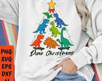 Imágenes prediseñadas de árbol de Navidad con dinosaurios / Dibujos navideños de dinosaurios en formato SVG, PNG y JPG (descarga digital)
