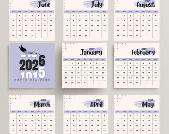 Afdrukbare kalender 2026, bewerkbaar, 12-maandenkalender, vierkante vorm, png-jpg-pdf, letter-formaat, A4,