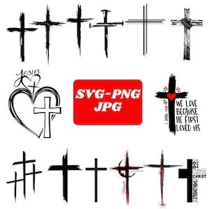 Könnte beinhalten: Eine Sammlung verschiedener Kreuzdesigns in Schwarz, einige mit Grunge-Texturen, Nägeln und einem Herz. Ein Design enthält den Text "Jesus", ein anderes "We love because he first loved us".
