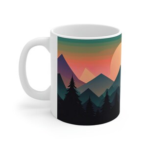 Country Woods Mug, Sunset mug, coffee mug, nature lover, mountain graphic, camper gift, forest design, color graphic, color shapes design