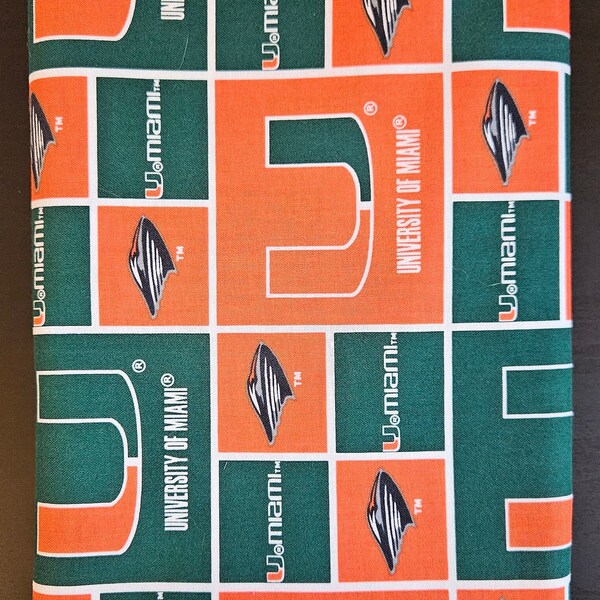 NCAA University of Miami Hurricanes Green & Orange College Logo 100% Cotton Licensed Fabric - Fabric by the Yard