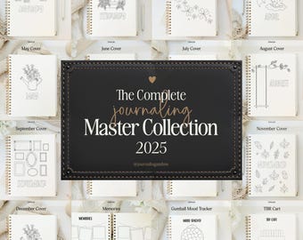 May include: A collection of spiral-bound journals with monthly covers, featuring floral and seasonal illustrations. The central image is a black leather-textured rectangle with the text "The Complete Journaling Master Collection 2025."