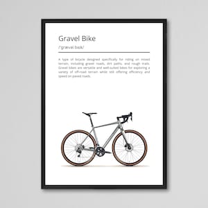 Könnte beinhalten: Gerahmter Druck mit einer Illustration eines Gravelbikes. Das Fahrrad ist silberfarben mit braunen Reifen und einem schwarzen Sattel und Lenker. Der Druck enthält den Text "Gravel Bike" und eine Definition.
